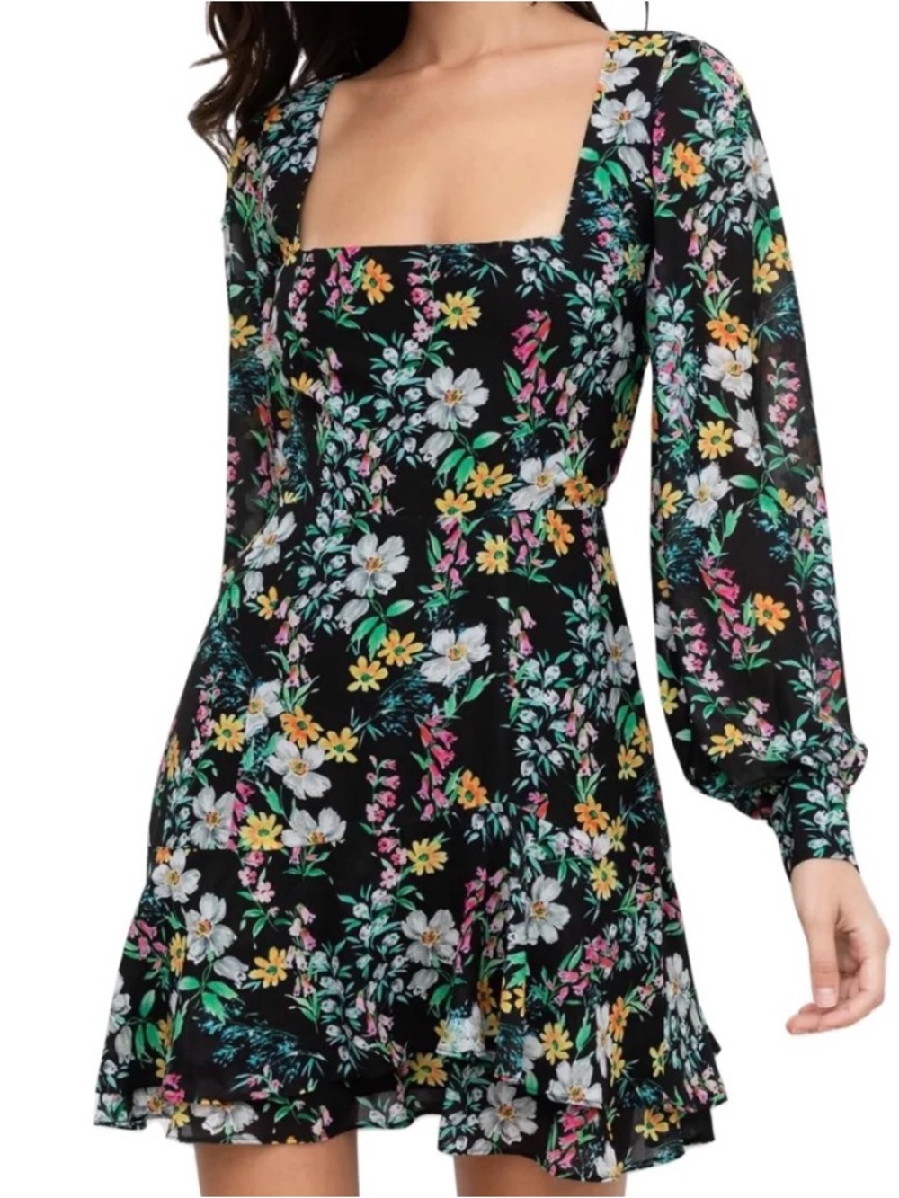 NWT Yumi Kim “Hey Jude” Floral Mini Dress Size 6 | Sheer Sleeve Square Neck